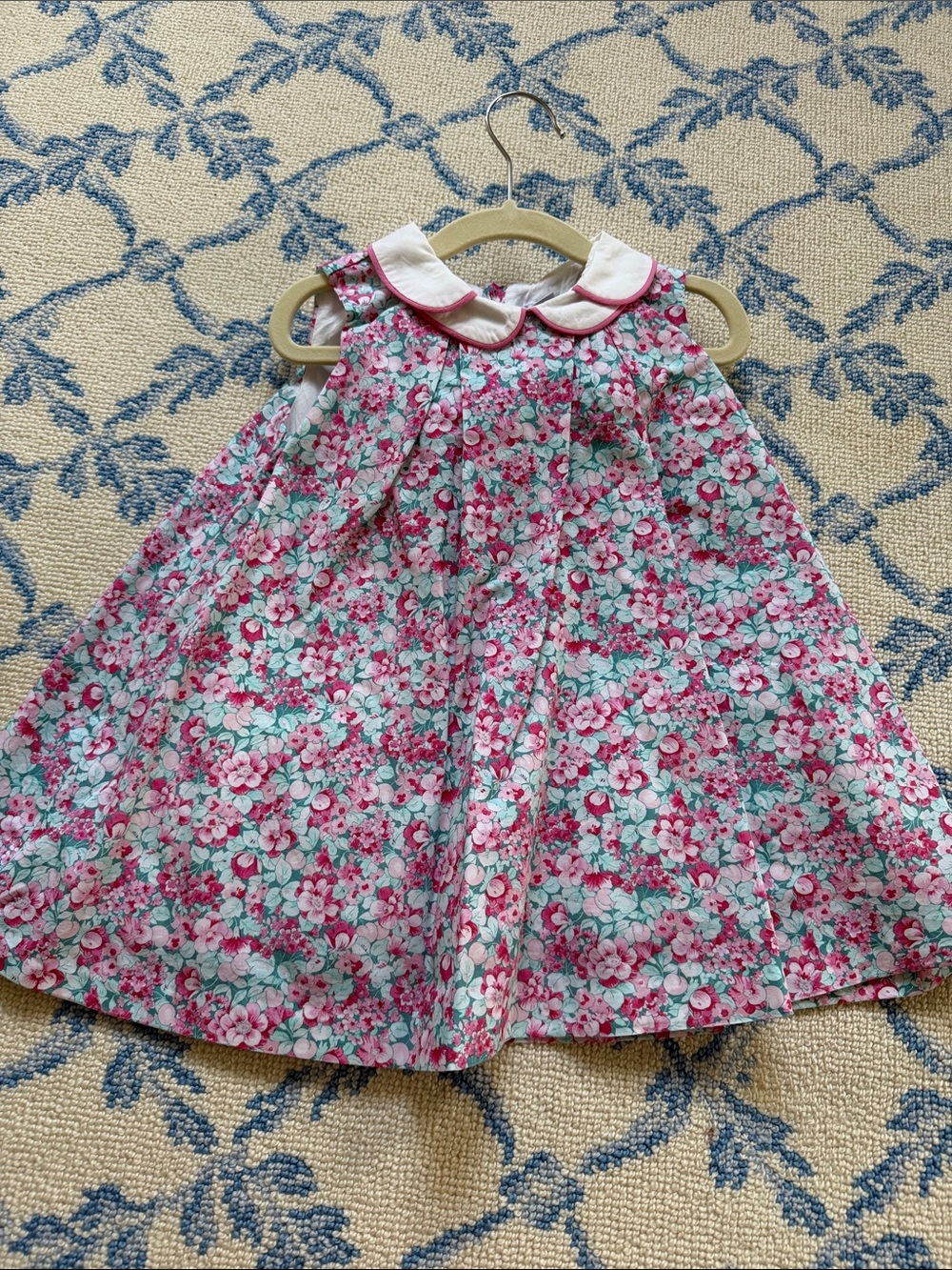 Girls Floral Pink and Teal Peter Pan Collar Dress